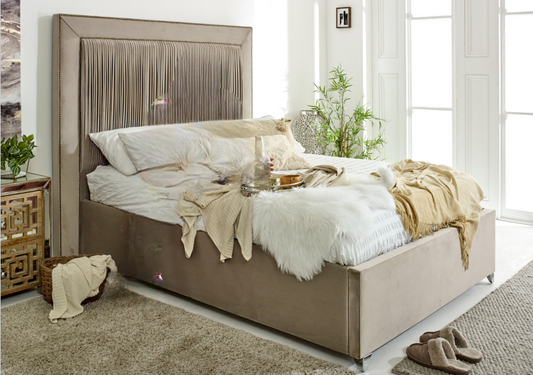 Alicia Features & Sizing Timber Bed With Wing Design Fully Upholstered Headboard, Wooden Feet and Grampian Down Fabric