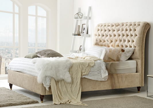 Alisha Features & Sizing Timber Bed With Wing Design Fully Upholstered Headboard, Wooden Feet and Grampian Down Fabric